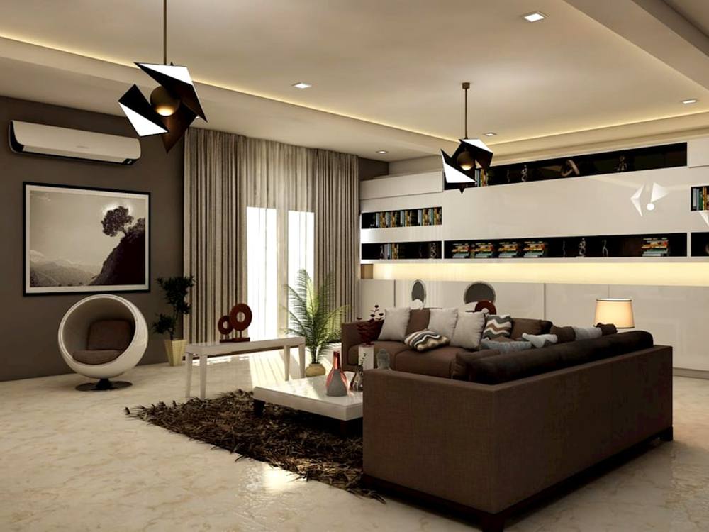 A modern living room with cove and pendant lighting